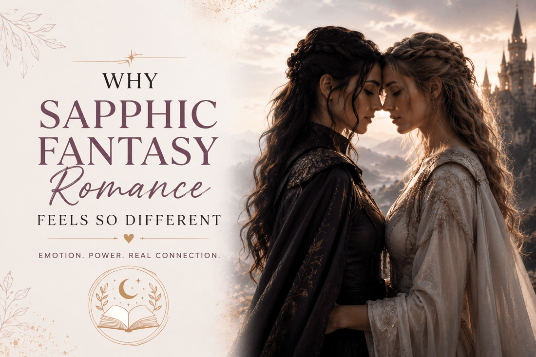Two women in fantasy attire embracing with the text 'Why Sapphic Fantasy Romance Feels So Different'.