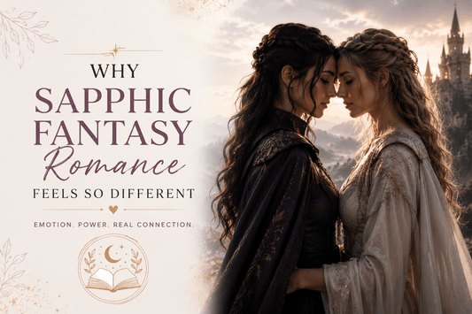 Two women in fantasy attire embracing with the text 'Why Sapphic Fantasy Romance Feels So Different'.