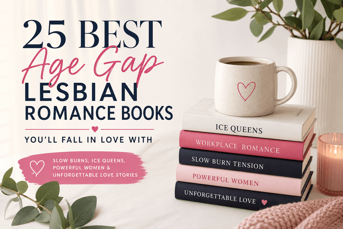 25 Best Age Gap Lesbian Romance Books with cozy coffee cup and stack of books on a table.