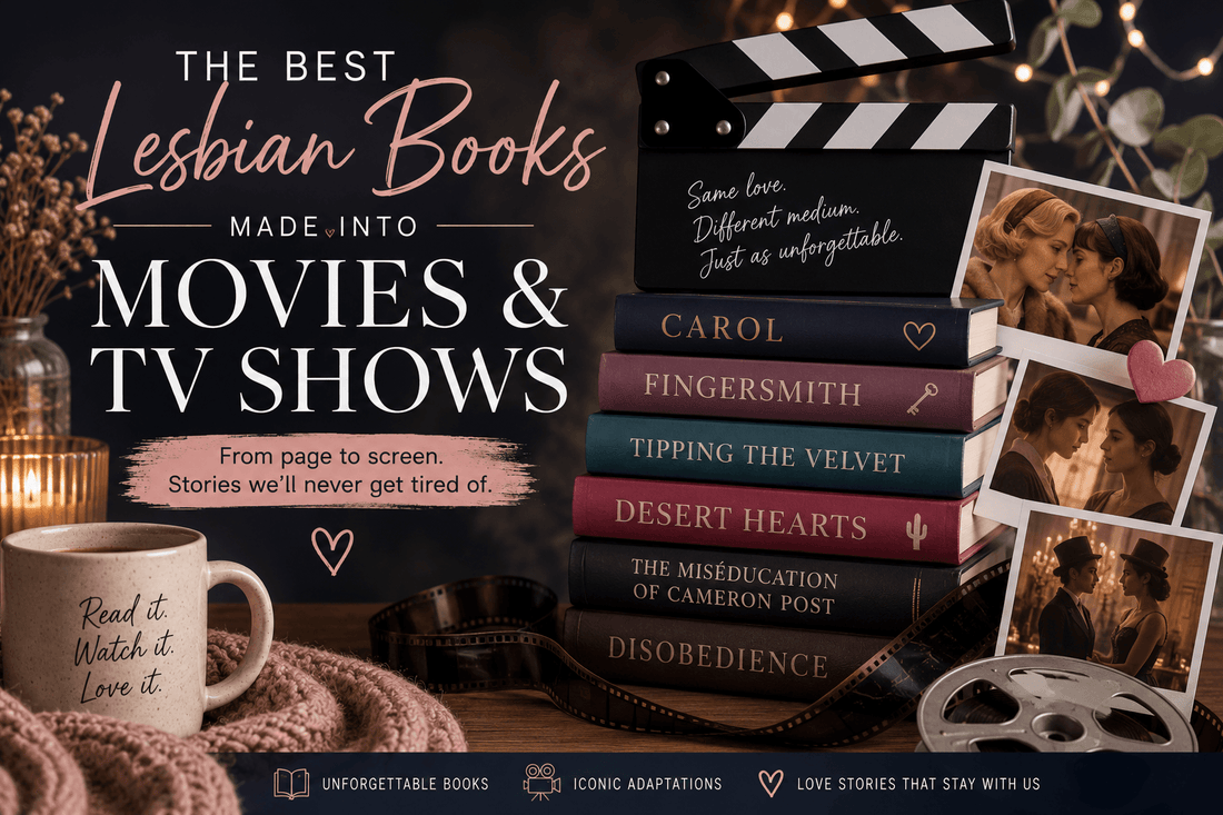 Image showcasing The Best Lesbian Books Made Into Movies and TV Shows with book titles and a film clapper.