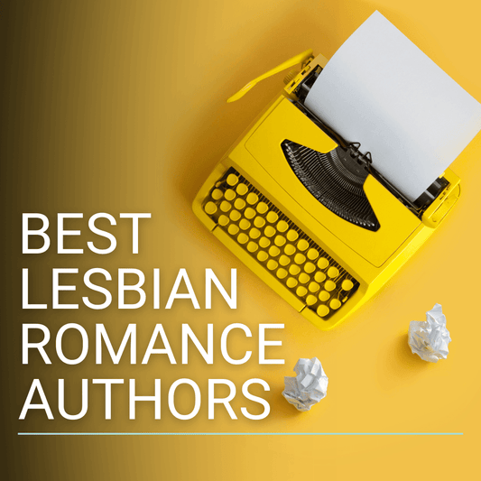Typewriter on yellow background with text 'Best Lesbian Romance Authors' highlighting lesbian romance.