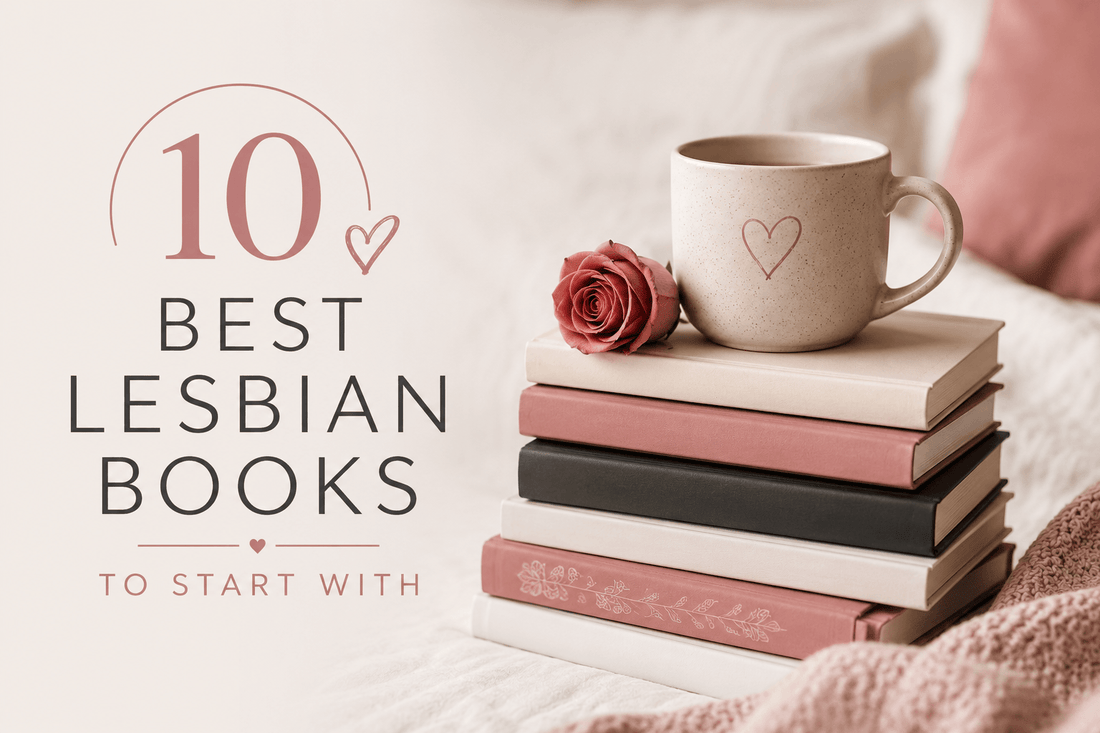 A cozy setup featuring a stack of books and a mug, promoting the 10 best lesbian books to start with.