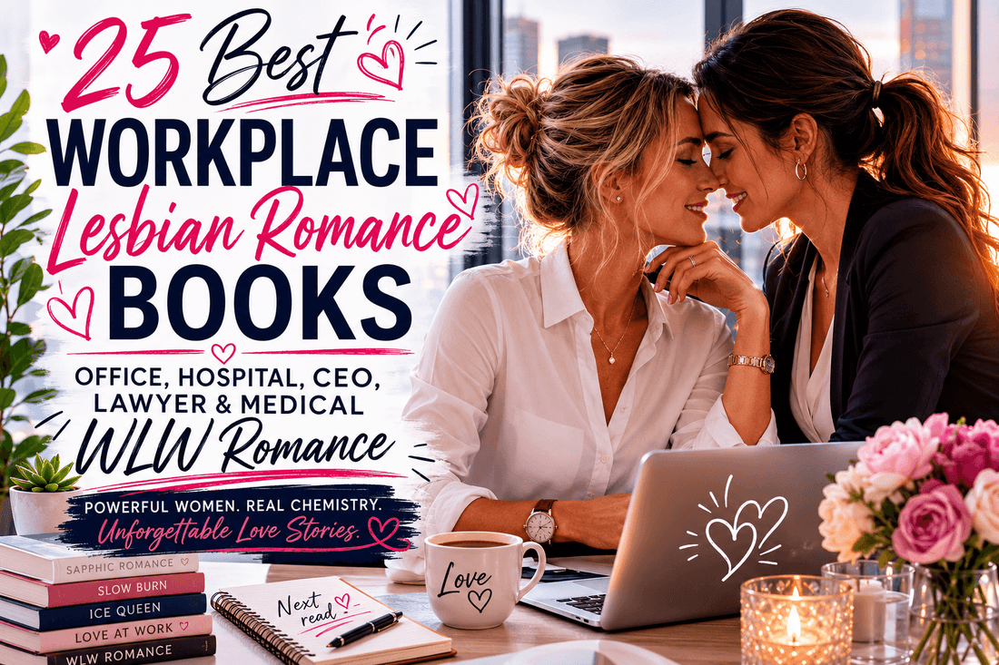 Two women sharing a romantic moment at a workplace, highlighting Workplace Lesbian Romance and book recommendations.