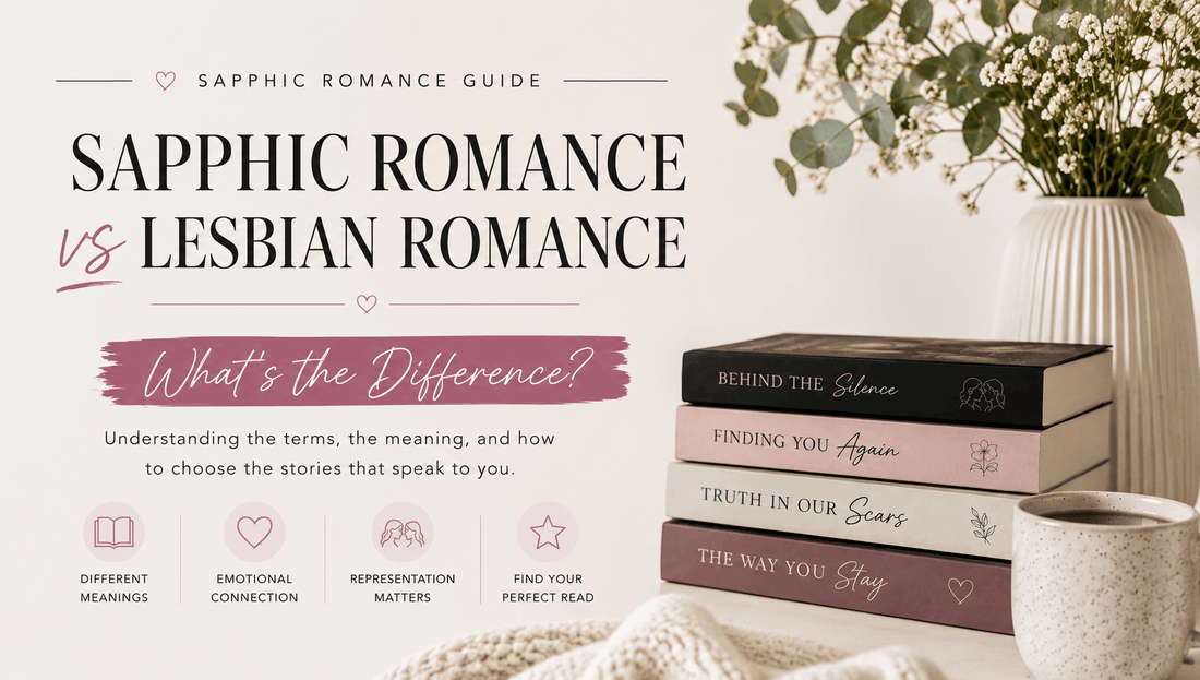 Clean modern horizontal banner showing stacked books, flowers, and a coffee mug with text about the difference between sapphic romance and lesbian romance, representing emotional connection and WLW storytelling