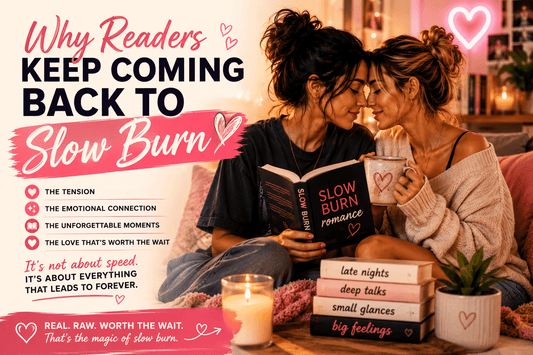 Two women sharing a romantic moment while reading about Slow Burn Sapphic Romance, showcasing love and connection.