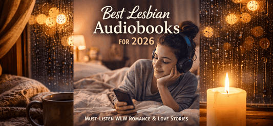 Cozy scene featuring a woman listening to the Best Lesbian Audiobooks for 2026 with love stories.