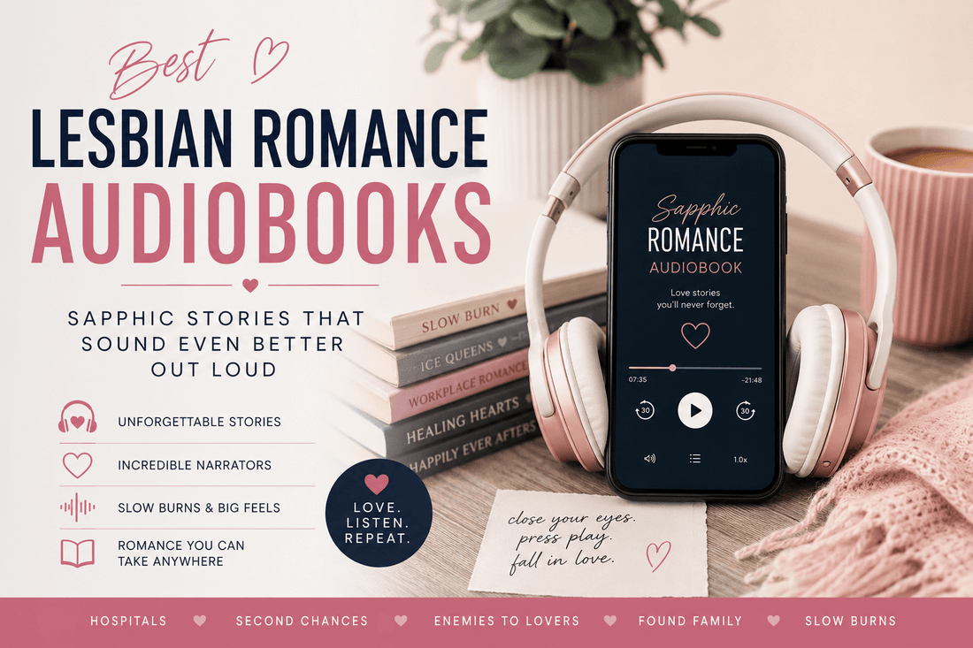 Best Lesbian Romance Audiobooks cover featuring headphones and audiobook highlights.