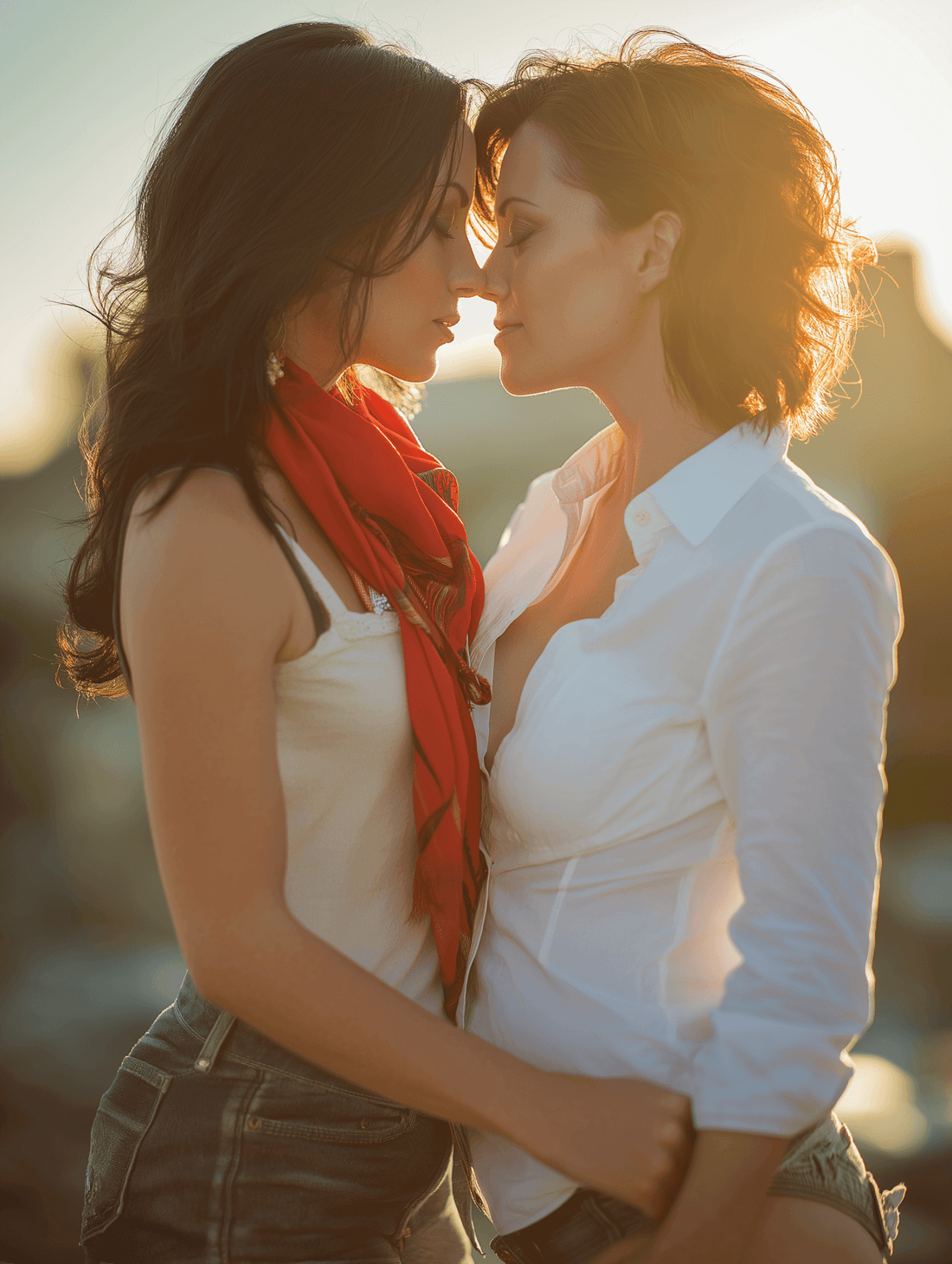 two women looking directly into each other eyes with the sunset behind them, with test, which lesbian romance trope are you?