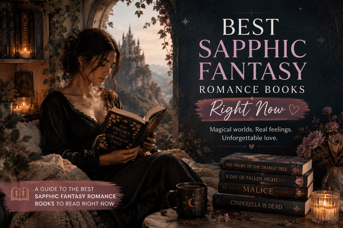 Two women standing close together in a soft, magical landscape with warm golden light and distant mountains, expressing emotional intimacy and connection in sapphic fantasy romance
