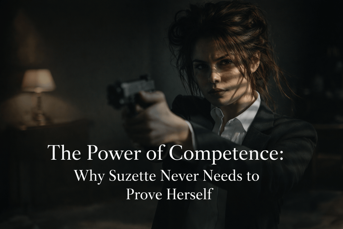 Image representing themes of lesbian fiction and competence, featuring a confident woman with a gun.