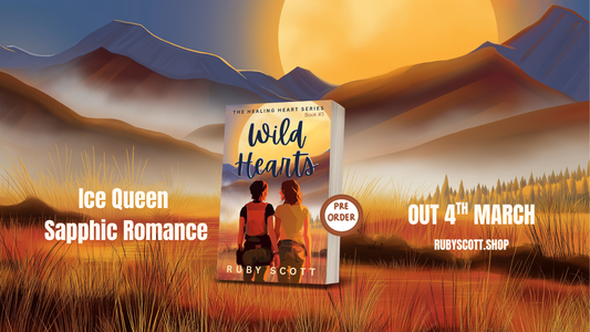 Wild Hearts book cover featuring Ice Queen Sapphic Romance in a scenic landscape, releasing on March 4th.