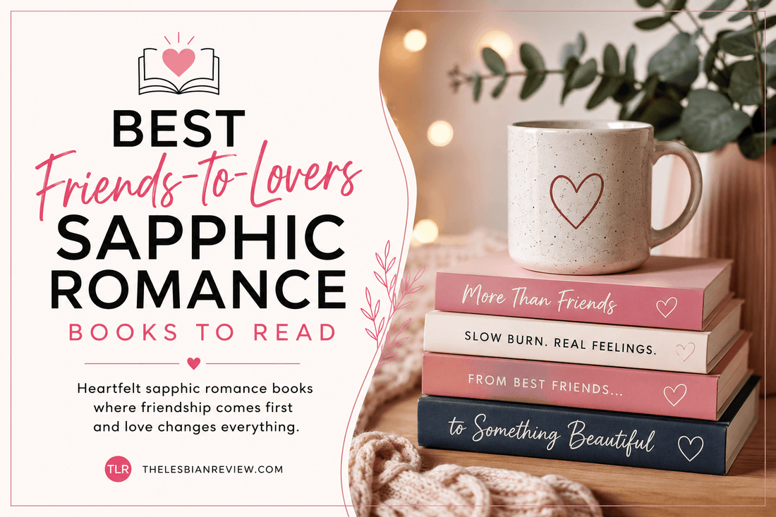 Best Friends-to-Lovers Sapphic Romance Books showcased with colorful stacks and a mug, perfect for romance lovers.