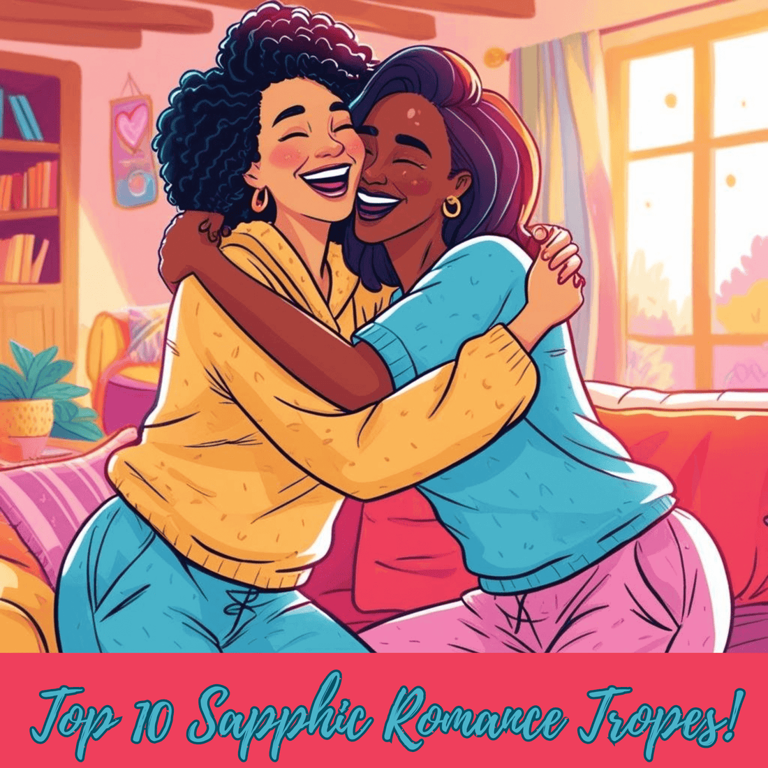 image of two women in graphic form cuddling with text overlay of Lesbian Romance Tropes:  Top 10 Tropes Readers Love 