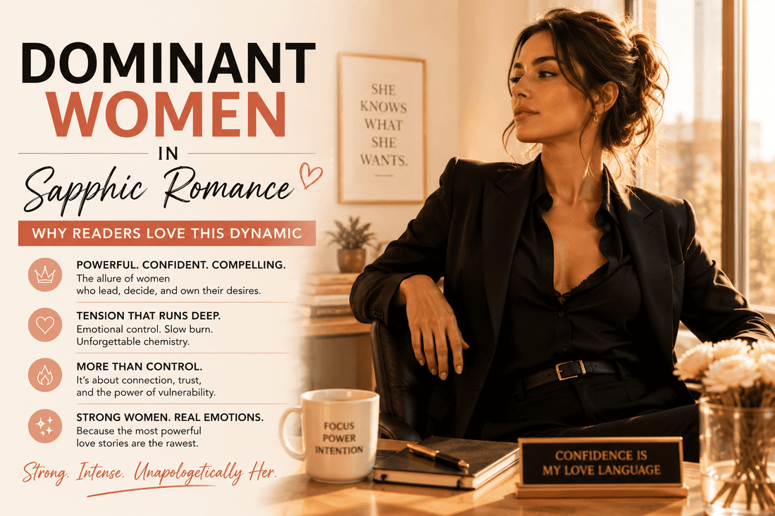 A confident woman seated in an office, representing dominant women in sapphic romance, highlighting their allure and emotional depth.