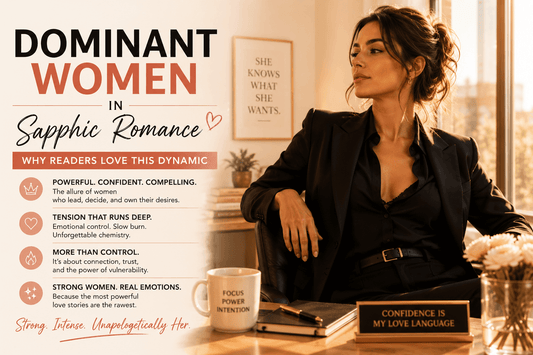 A confident woman seated in an office, representing dominant women in sapphic romance, highlighting their allure and emotional depth.