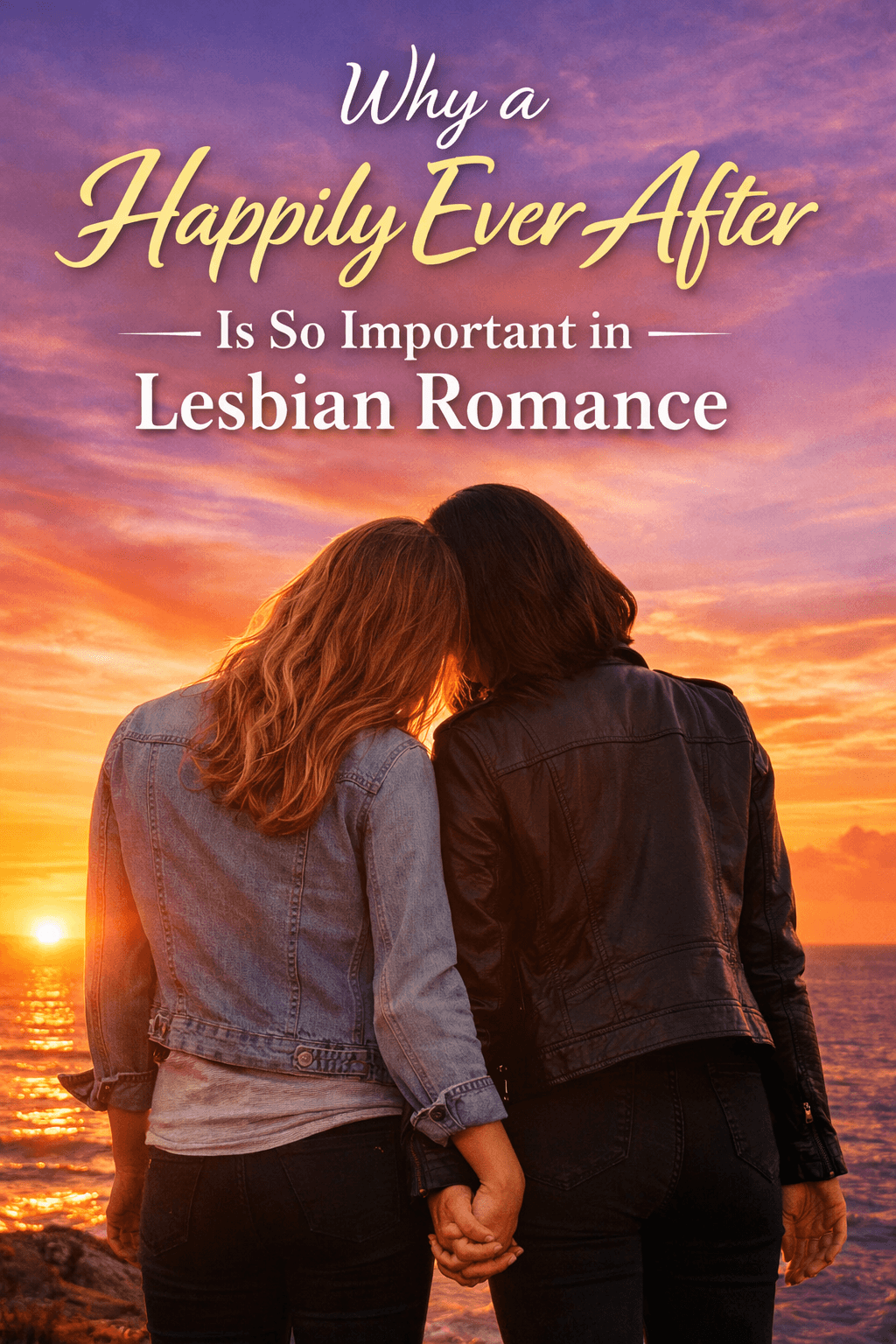 Two women holding hands at sunset, symbolizing love in lesbian romance and the importance of a happily ever after.
