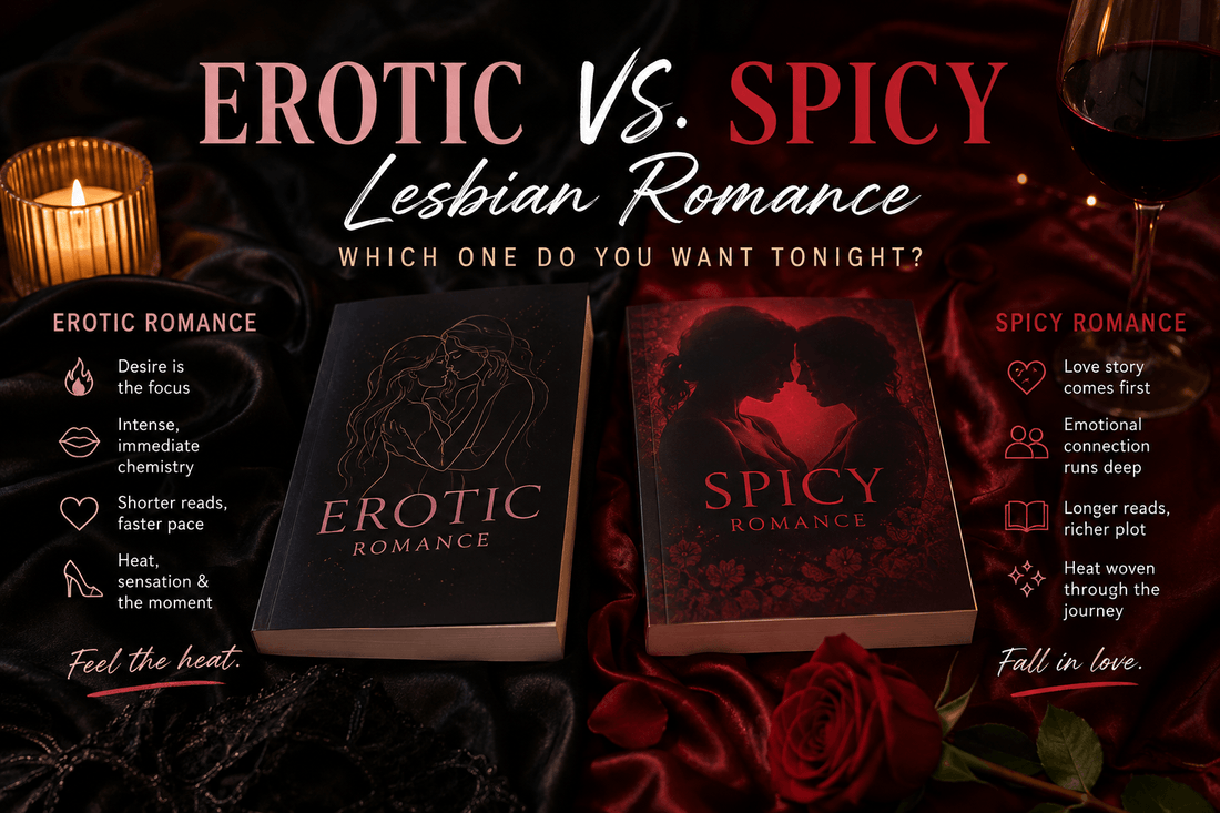 Image comparing Erotic Lesbian Romance and Spicy Romance with book covers and romantic elements.