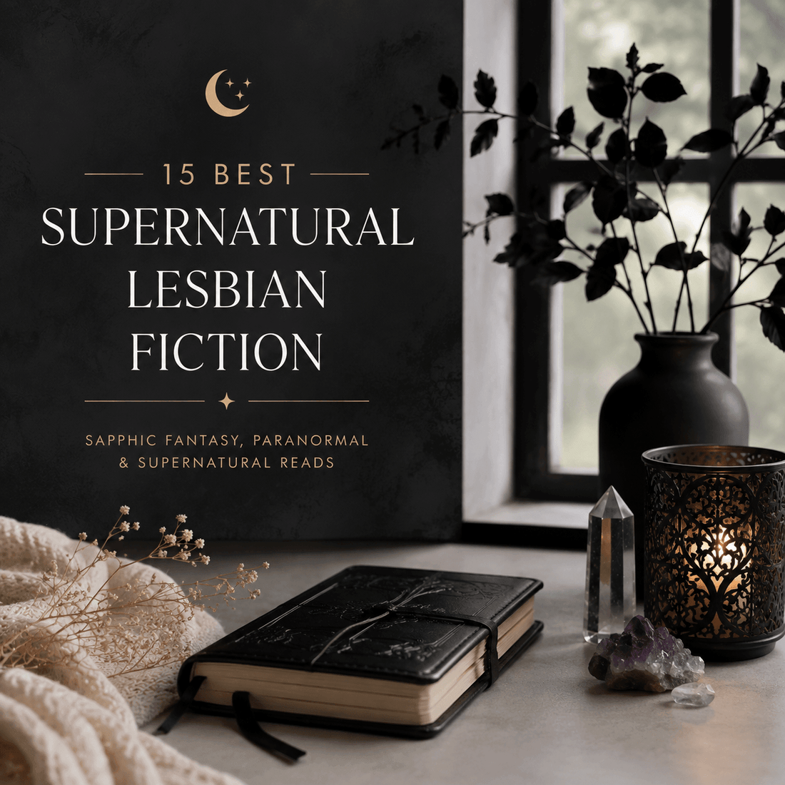 15 Best Supernatural Lesbian Fiction books displayed with a journal, candles, and crystals for a cozy reading vibe.