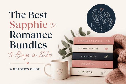 The Best Sapphic Romance Bundles to Binge in 2026, featuring a stack of romance books and a cozy mug.