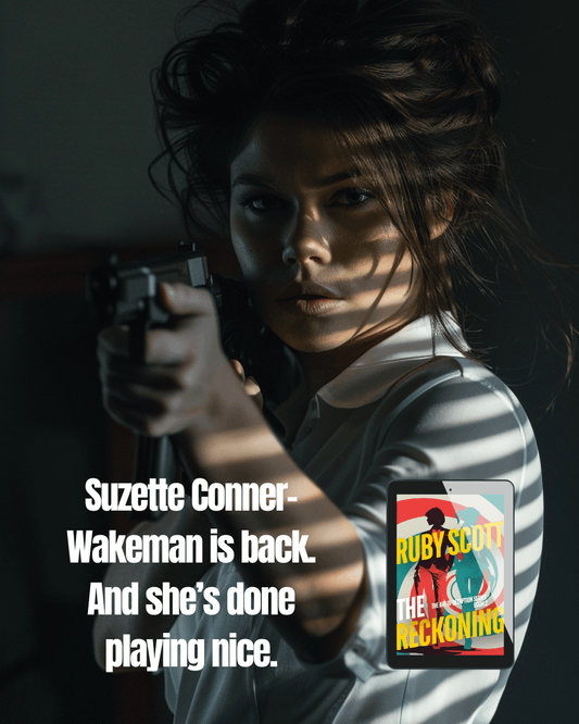 Promo image for a lesbian spy thriller featuring a determined woman with a gun and the book title The Reckoning.