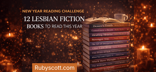 Stack of books for New Year challenge featuring 12 Lesbian Fiction titles to read this year.
