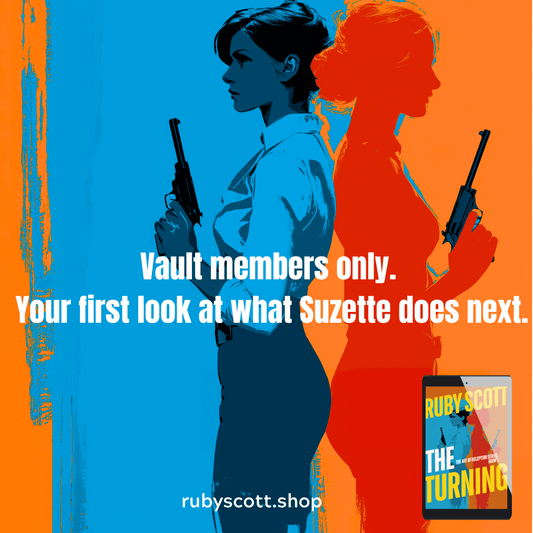 free lesbian fiction book- The Turning by lesbian romance author Ruby Scott. Cover of The Turning lesbian spy thriller , with 2 women holding a gun back to back