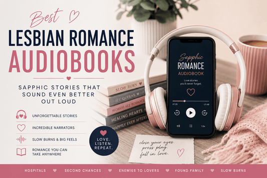 Best Lesbian Romance Audiobooks cover featuring headphones and audiobook highlights.