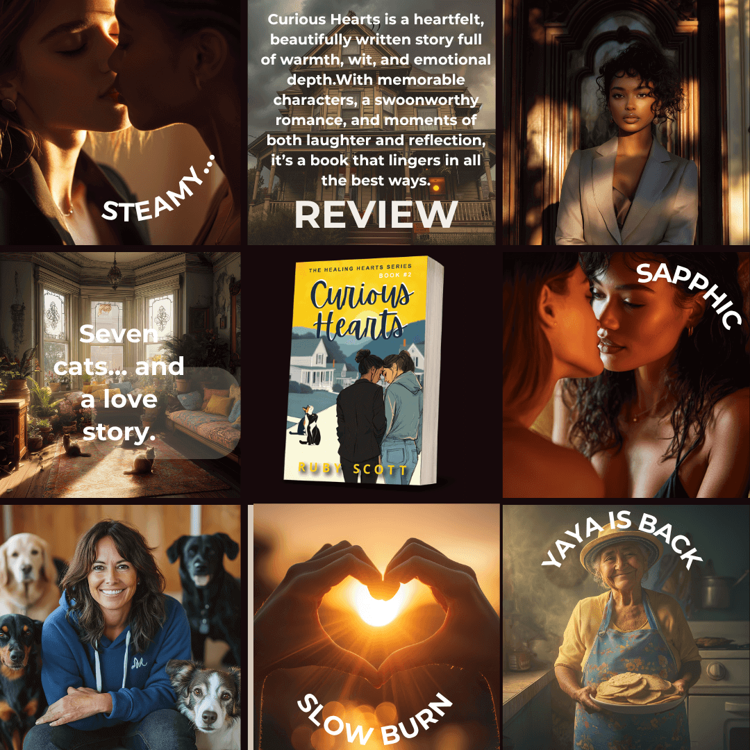 9 images portraying sapphic romance fiction book curious hearts. a new release lesbian romance book by lesbian romance author Ruby Scott