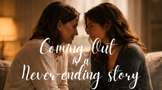 Two women sharing an intimate moment, illustrating the theme of coming out as a never-ending story.