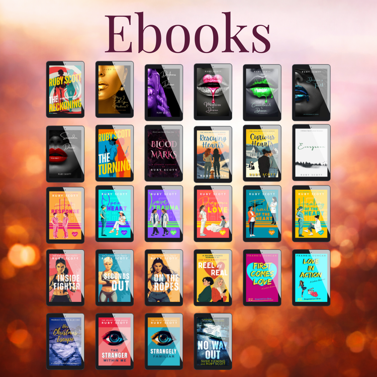 A vibrant 12-cover display of lesbian romance books by Ruby Scott, each showcasing a unique lesbian love story and rich lesbian fiction themes—ranging from sapphic fantasy to steamy and heartfelt WLW tales in stunning e-book designs