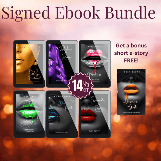 Lesbian romance book signed ebook bundle by Ruby Scott featuring Awakening of Desire series with dominant women and slow burn lesbian love story, 14 percent off with bonus short story
