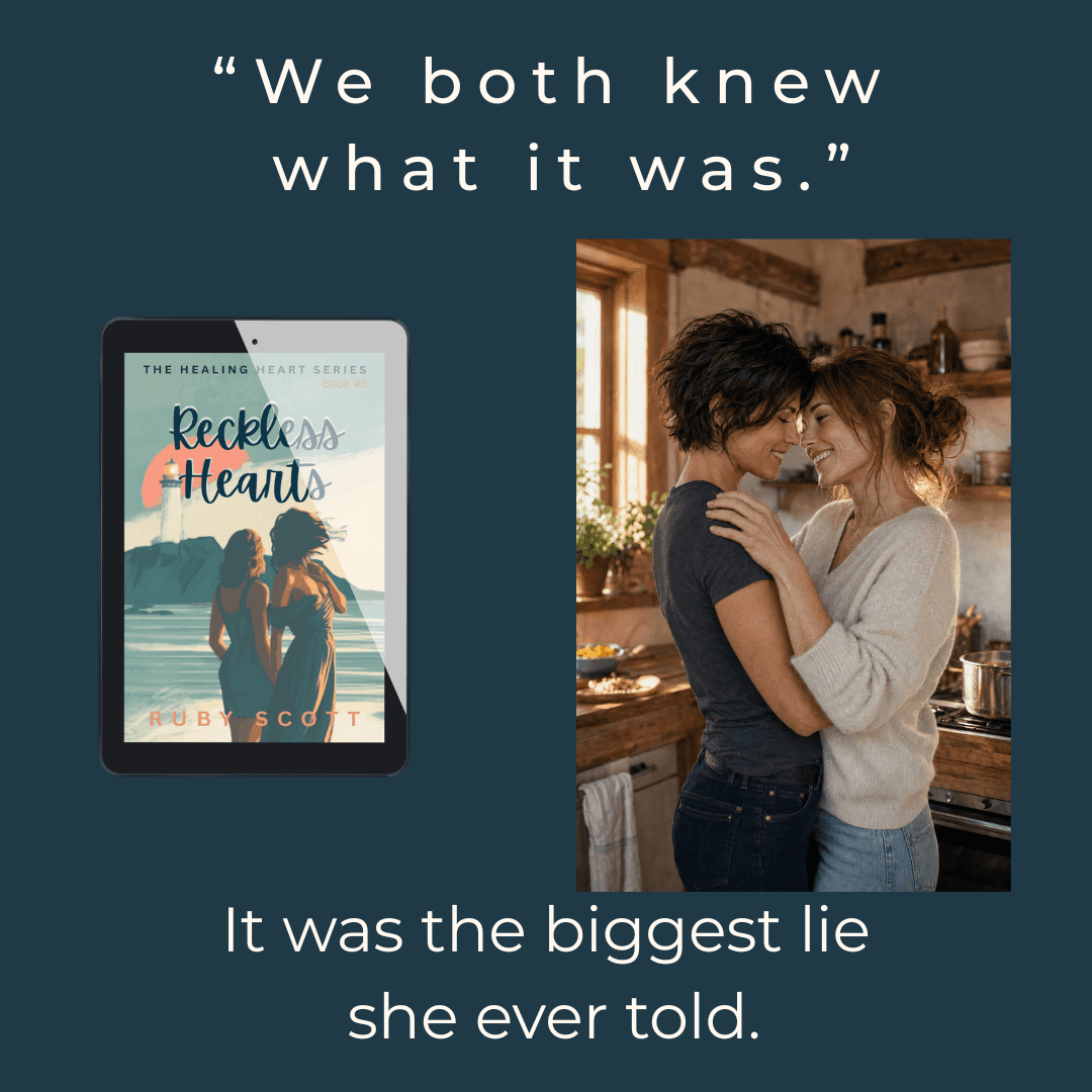 Promotional graphic for a book, featuring the title 'Reckless Hearts' on an e-reader screen and a lifestyle photo of two women hugging in a kitchen. White text on a dark teal background reads, 'We both knew what it was.