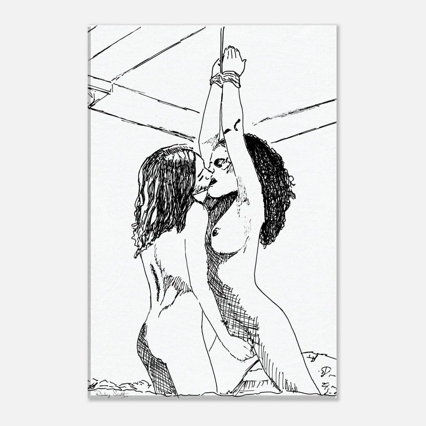 Black and white hands up sapphic art print depicting gentle sapphic desire expressed through minimalist line art, framed sapphic fine art wall display celebrating lesbian intimacy, lesbian romance book and lesbian love story inspired artwork, lesbian fiction art by lesbian romance author Ruby Scott and lesbian romance fiction author Ruby Scott.