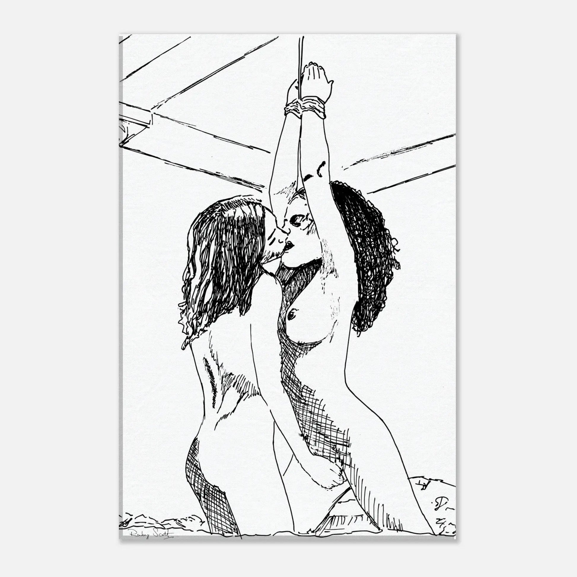 Black and white hands up sapphic art print depicting gentle sapphic desire expressed through minimalist line art, framed sapphic fine art wall display celebrating lesbian intimacy, lesbian romance book and lesbian love story inspired artwork, lesbian fiction art by lesbian romance author Ruby Scott and lesbian romance fiction author Ruby Scott.