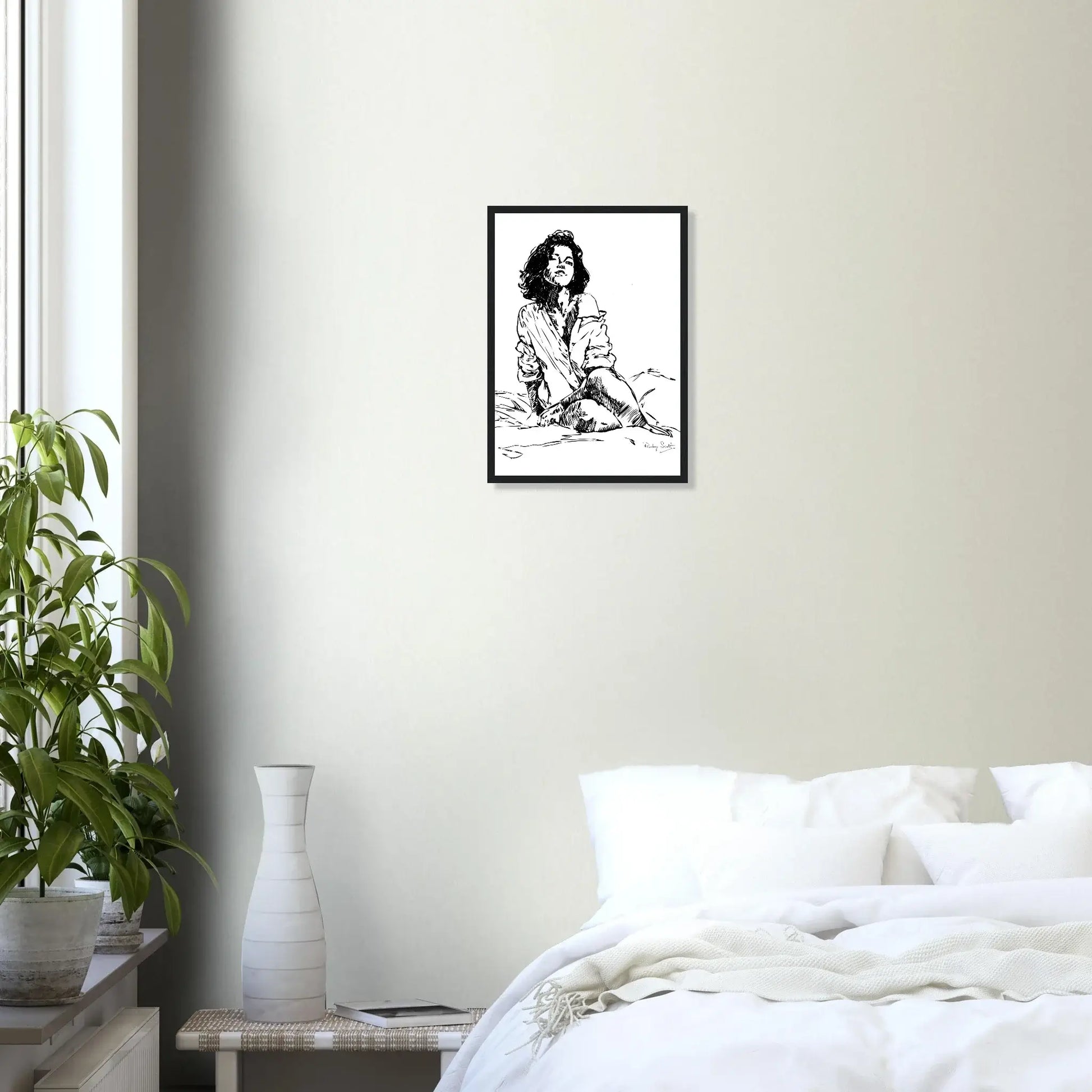 Black and white hanging sapphic art print depicting intimate lesbian connection and soft sensuality, minimalist ink illustration celebrating tenderness and emotional closeness, lesbian romance book and lesbian love story inspired artwork, lesbian fiction art by lesbian romance author Ruby Scott and lesbian romance fiction author Ruby Scott. Dont make me wait print.
