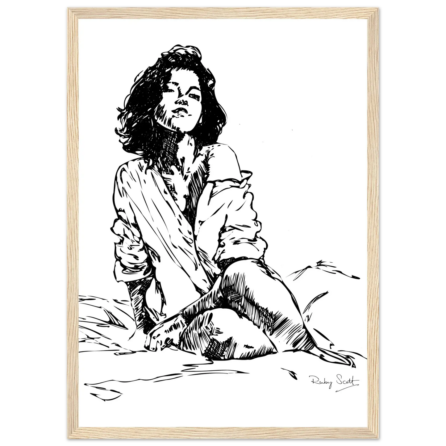 Black and white don't make me wait framed sapphic art print depicting intimate lesbian connection and soft sensuality, minimalist ink illustration celebrating tenderness and emotional closeness, lesbian romance book and lesbian love story inspired artwork, lesbian fiction art by lesbian romance author Ruby Scott and lesbian romance fiction author Ruby Scott.
