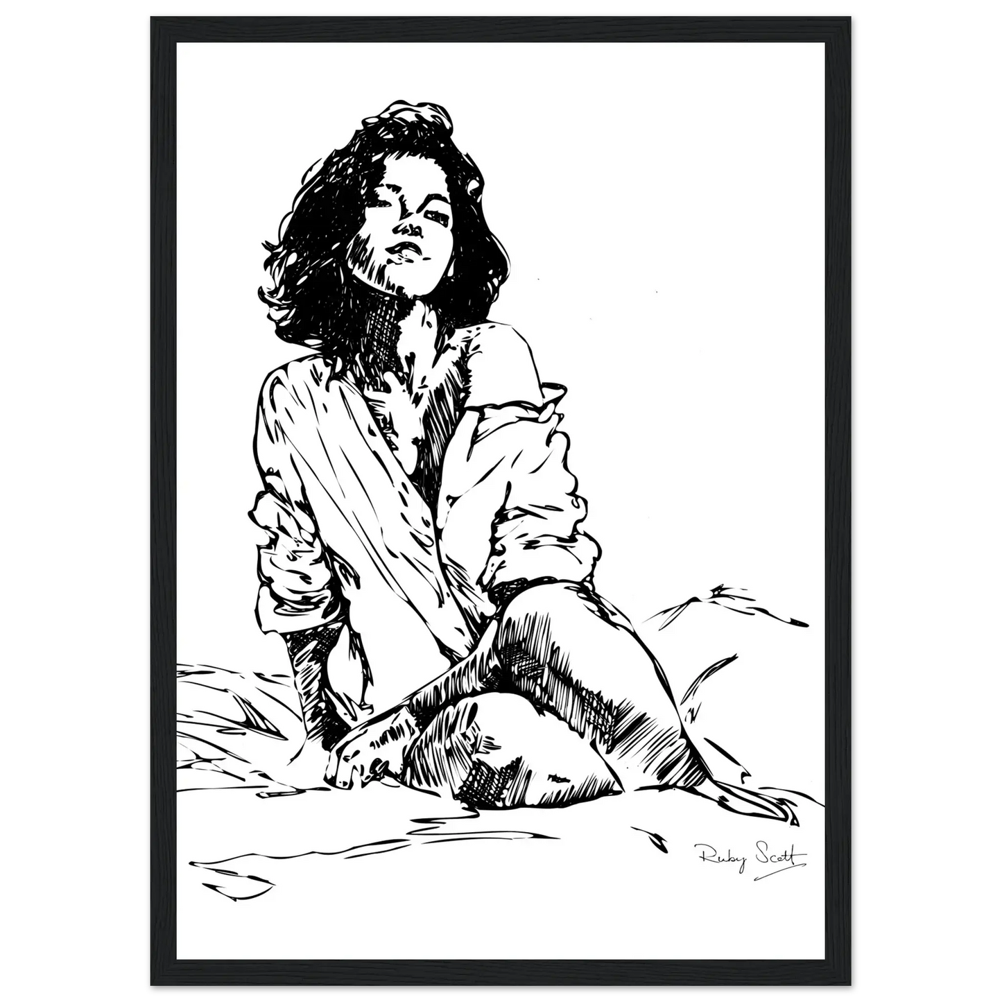 Black and white sapphic art print depicting intimate lesbian connection and soft sensuality, minimalist ink illustration celebrating tenderness and emotional closeness, lesbian romance book and lesbian love story inspired artwork, lesbian fiction art by lesbian romance author Ruby Scott and lesbian romance fiction author Ruby Scott. Don't make me wait framed print
