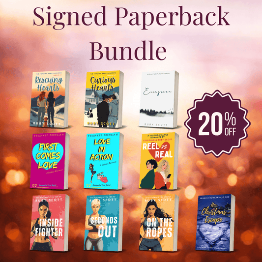 Signed Paperback Bundle featuring slow burn lesbian romance books with 20% off special offer.