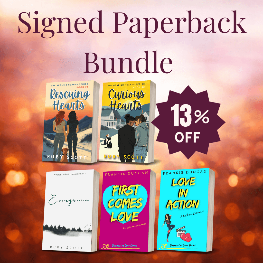 Signed paperback bundle of slow burn lesbian romance novels including Rescuing Hearts and Love in Action, now 13% off.