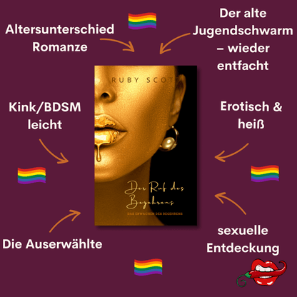 Ein Lesbischer Liebesroman Der ruf des begehrens story tropes graphic featuring key themes and relationship dynamics, representing a lesbian romance book, lesbian love story, and lesbian fiction by lesbian romance author Ruby Scott and lesbian romance fiction author Ruby Scott. erotischer lesbischer Liebesroman