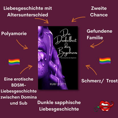 Ein Lesbischer Liebesroman Die dunkelheit des begehrens story tropes graphic featuring key themes and relationship dynamics, representing a lesbian romance book, lesbian love story, and lesbian fiction by lesbian romance author Ruby Scott and lesbian romance fiction author Ruby Scott. erotischer lesbischer Liebesroman