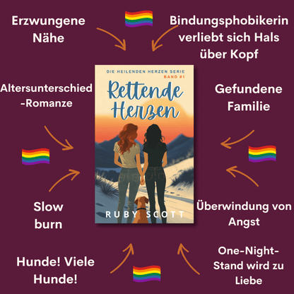 Ein lesbischer Liebesroman Rettende Herzen story tropes graphic featuring key themes and relationship dynamics, representing a lesbian romance book, lesbian love story, and lesbian fiction by lesbian romance author Ruby Scott and lesbian romance fiction author Ruby Scott