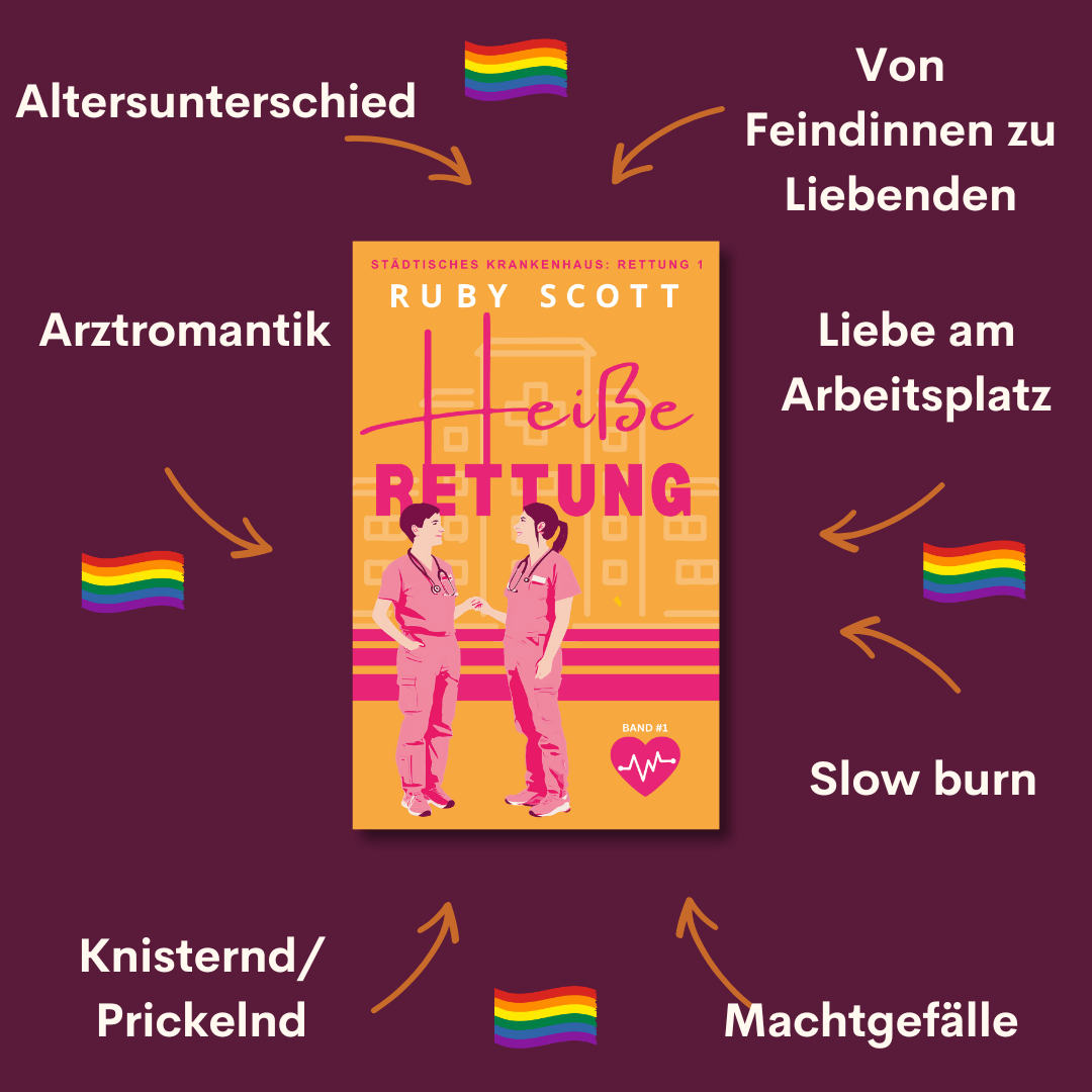 Cover des lesbischer Arztroman "Heiße Rettung" von Ruby Scott mit Themen wie Arztromantik und Liebe am Arbeitsplatz.