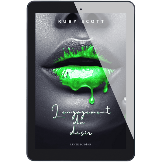 L’engagement du désir eBook cover featuring green dripping lips and the title, part of the romance lesbienne series L’Éveil du Désir.