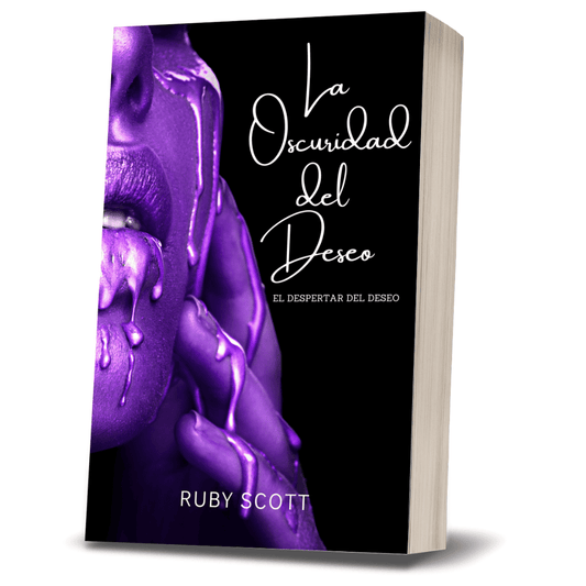 Lesbian romance Book cover of 'La Oscuridad del Deseo' by Ruby Scott lesbian romance author with a purple and black design.