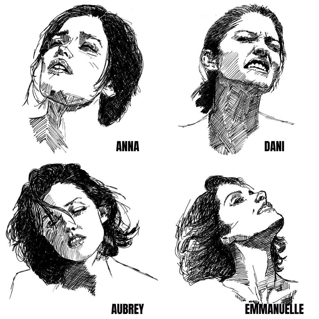 Black and white sketches of four women's faces with labeled names on a white background