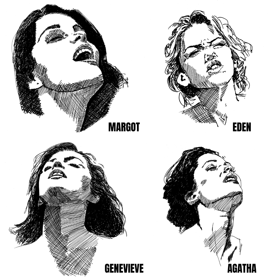 Black and white illustrations of four women with their names below on a white background
