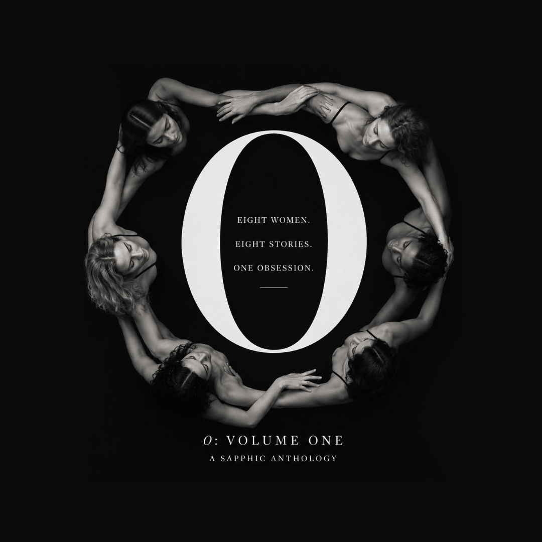 Album cover with 'O' design and text about eight women and stories on a black background, book by ruby scott
