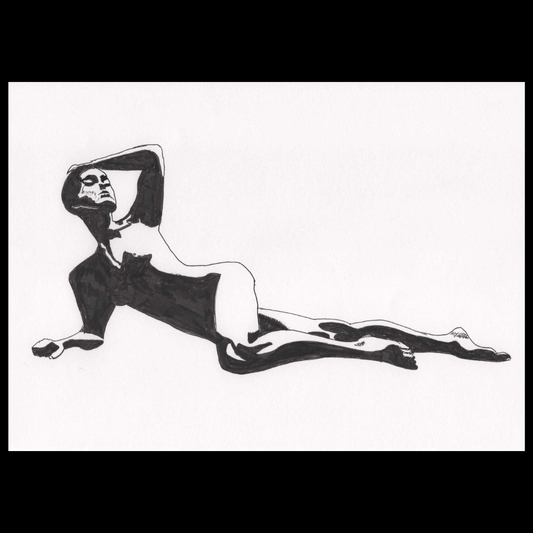 Black and white ink artwork Reclining Nude by lesbian romance fiction author Ruby Scott, featuring a sensual female figure stretched across the page in shadows and curves. Erotic sapphic art that captures intimacy, vulnerability, and strength — perfect for lovers of lesbian romance books, lesbian love stories, and lesbian fiction.