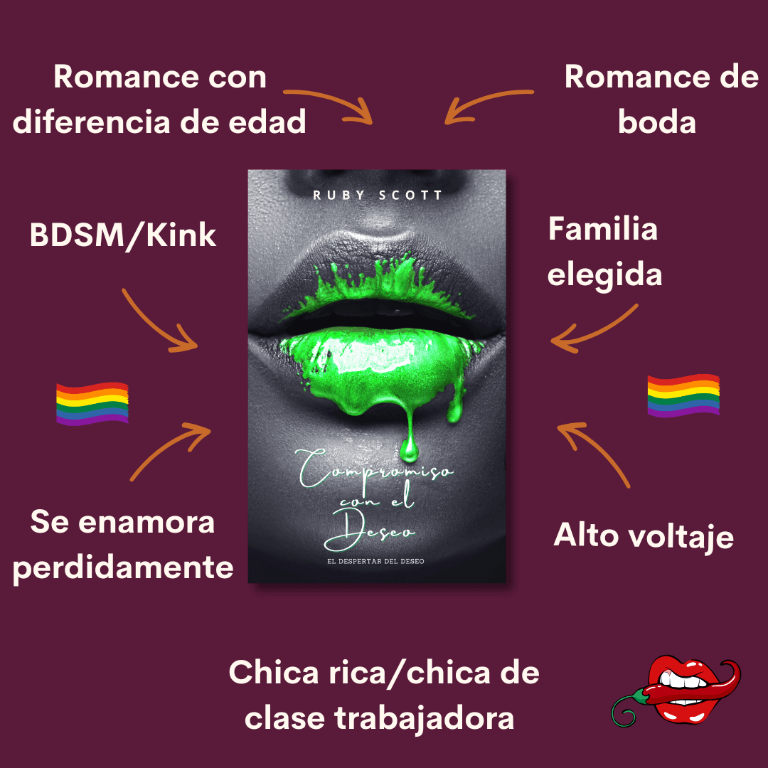 Romance Lésbico Erótico of Compromiso con el Deseo story tropes graphic featuring key themes and relationship dynamics, representing a lesbian romance book, lesbian love story, and lesbian fiction by lesbian romance author Ruby Scott and lesbian romance fiction author Ruby Scott